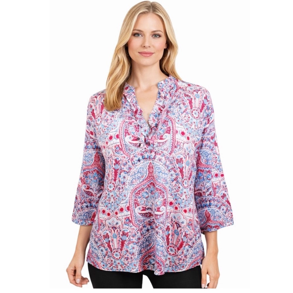 Talbots Mediterranean Watercolor Paisley Tunic Top Red White Blue Boho Size 2X